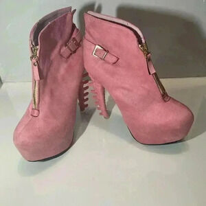 Show Story, trendy buckle zip high-top bone heel platform ankle boot pink suede